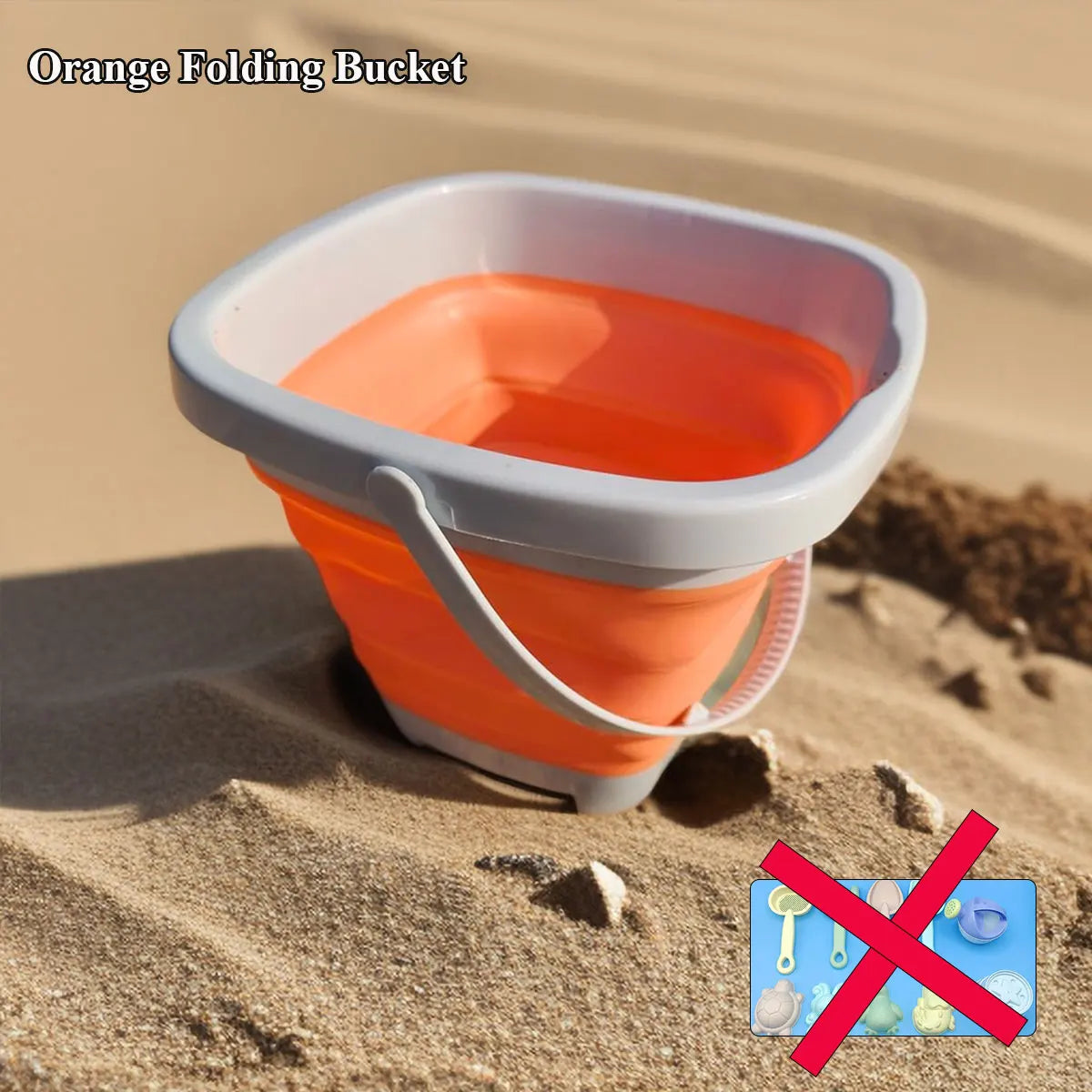 Orange folding bucket on sand with a crossed-out icon of baby items, indicating it's not suitable for children.