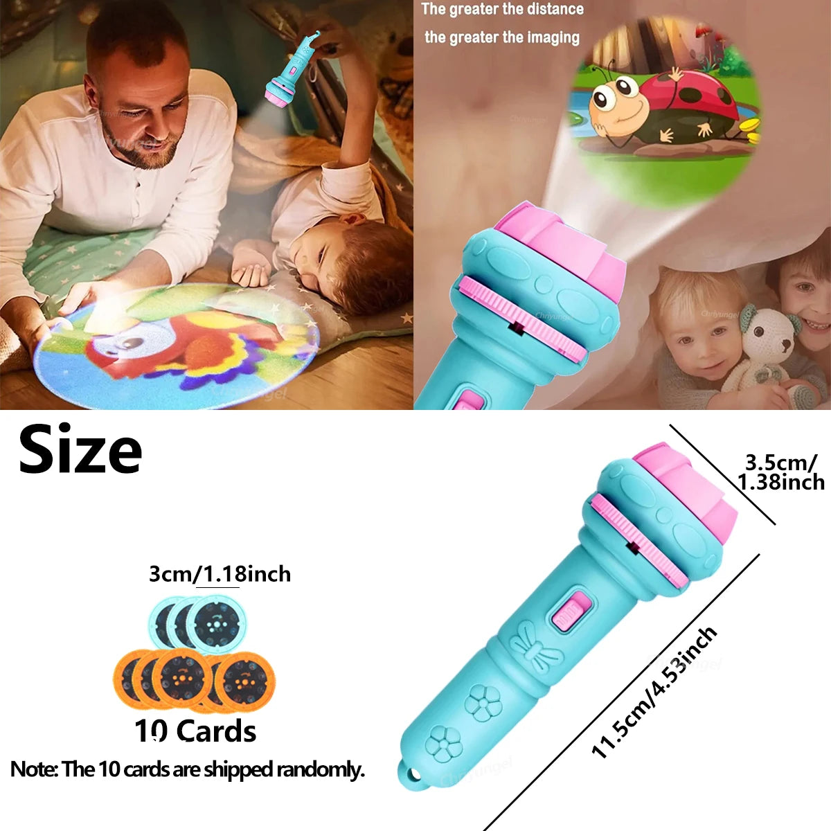 Children's toy flashlight with cartoon cards, used by a man and child, with size measurements displayed.