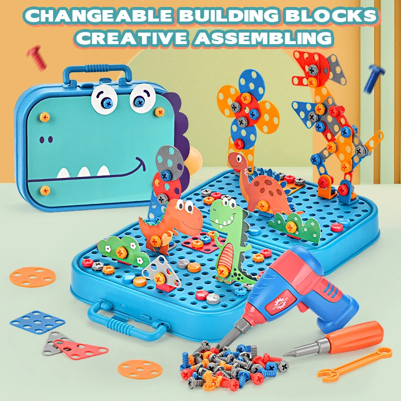 Children's building block set with tools on a blue base, featuring colorful dinosaurs and a drill.