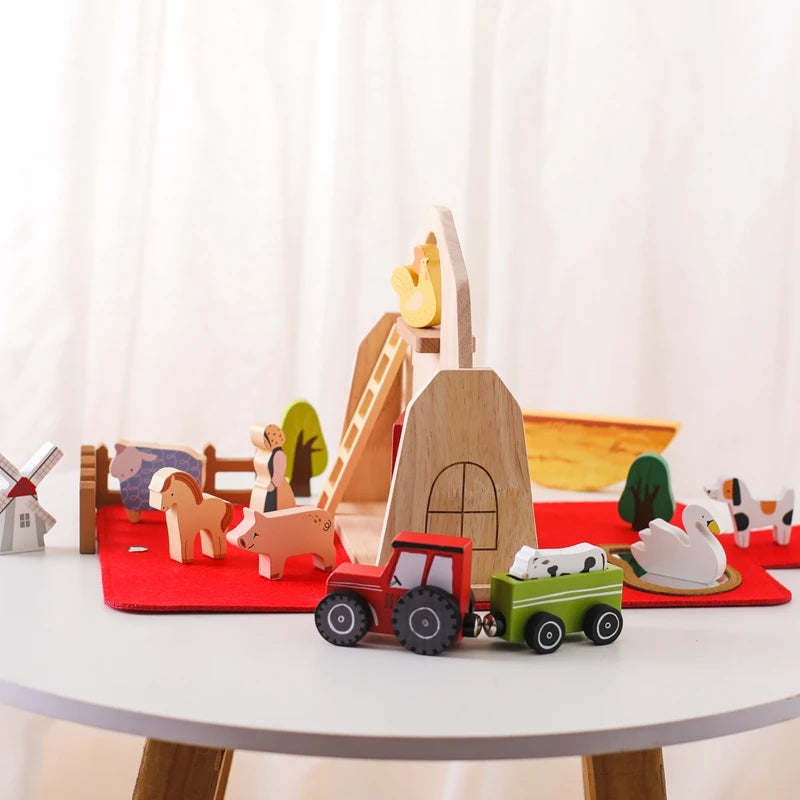 Wooden Farm Scene Toy Set – Montessori Stacking Blocks, Threading Beads, Animal Cognition & Shape Pairing Toys for Toddlers | Baby Educational Gift & Nursery Decor