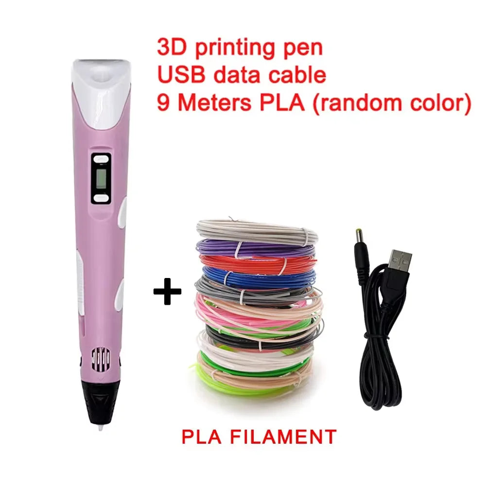 Pink 3D printing pen set with USB cable, PLA filament.