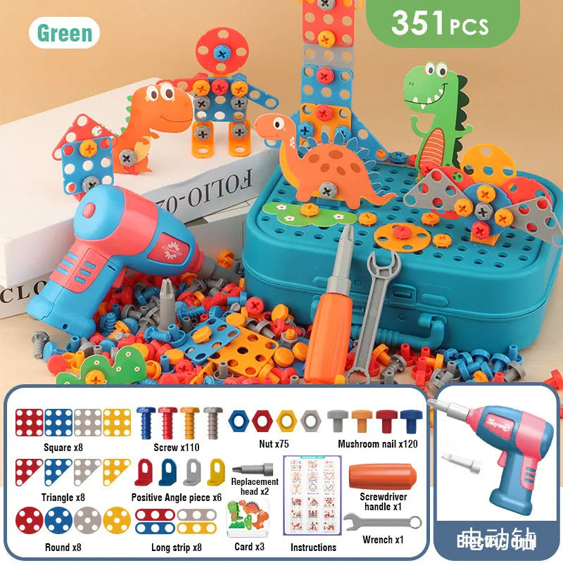 Children's building block set with tools and colorful components, featuring a blue toolbox and toy drill.