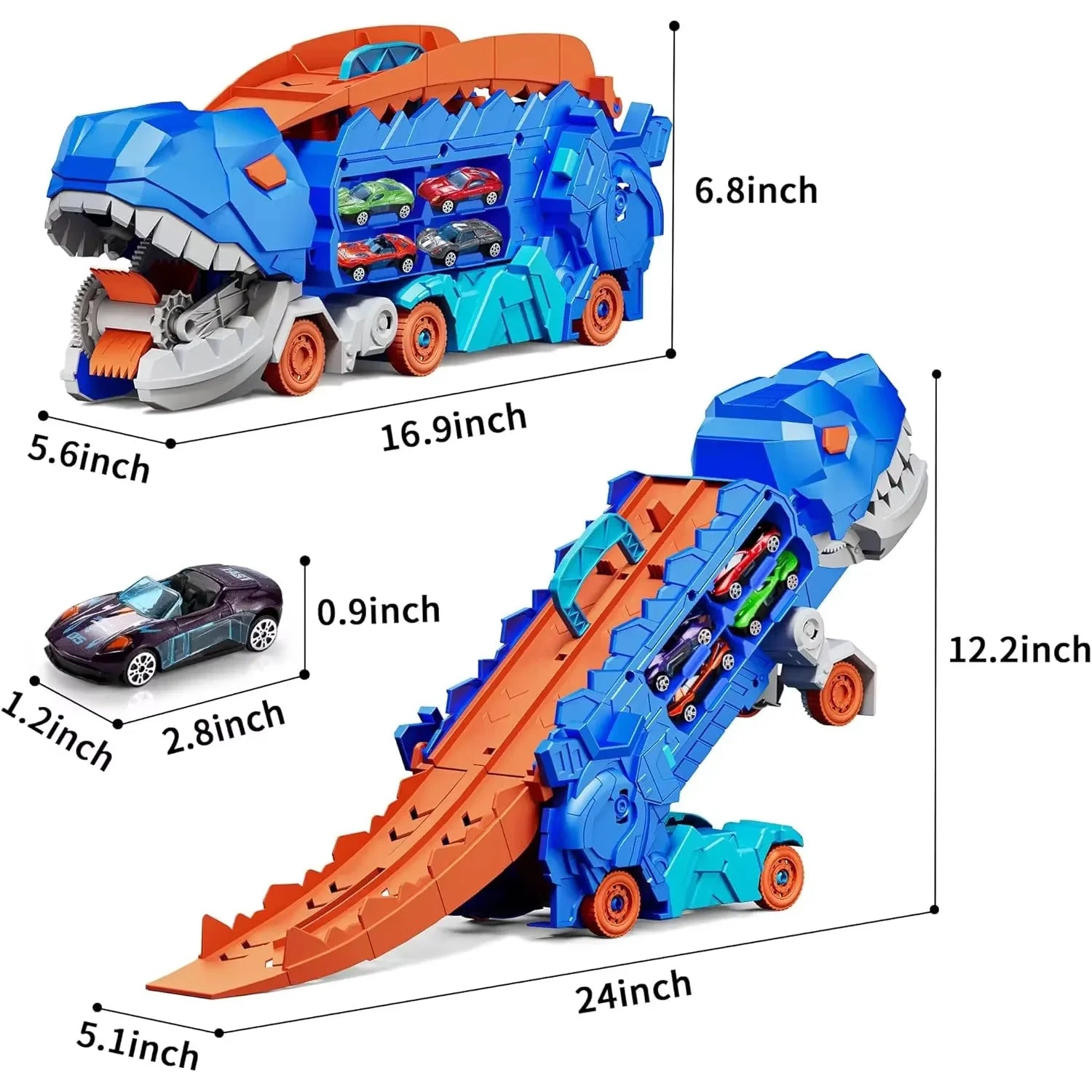 Toy dinosaur with car carrier and track, showing dimensions on a white background