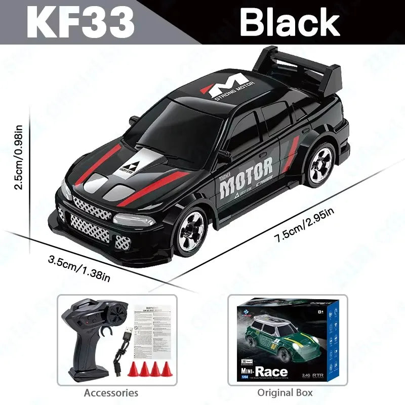 Black toy remote controlled Drift car with USB charging feature and accessories