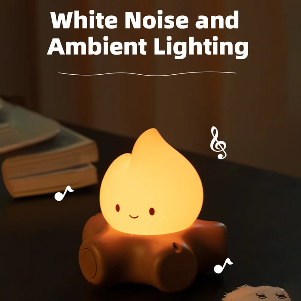 Cute lamp shaped like a flame with a dark background and text about white noise and ambient lighting.
