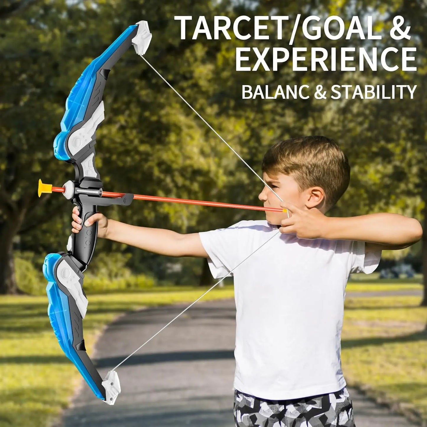 Archery toy set with bow, arrow and a kid using it.