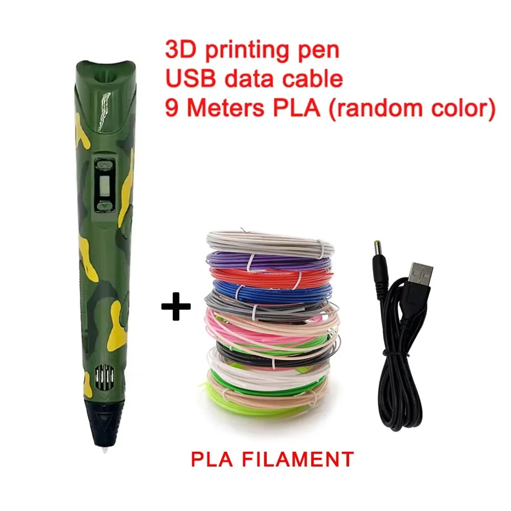 camouflage 3D printing pen set with USB cable, PLA filament, and storage bag