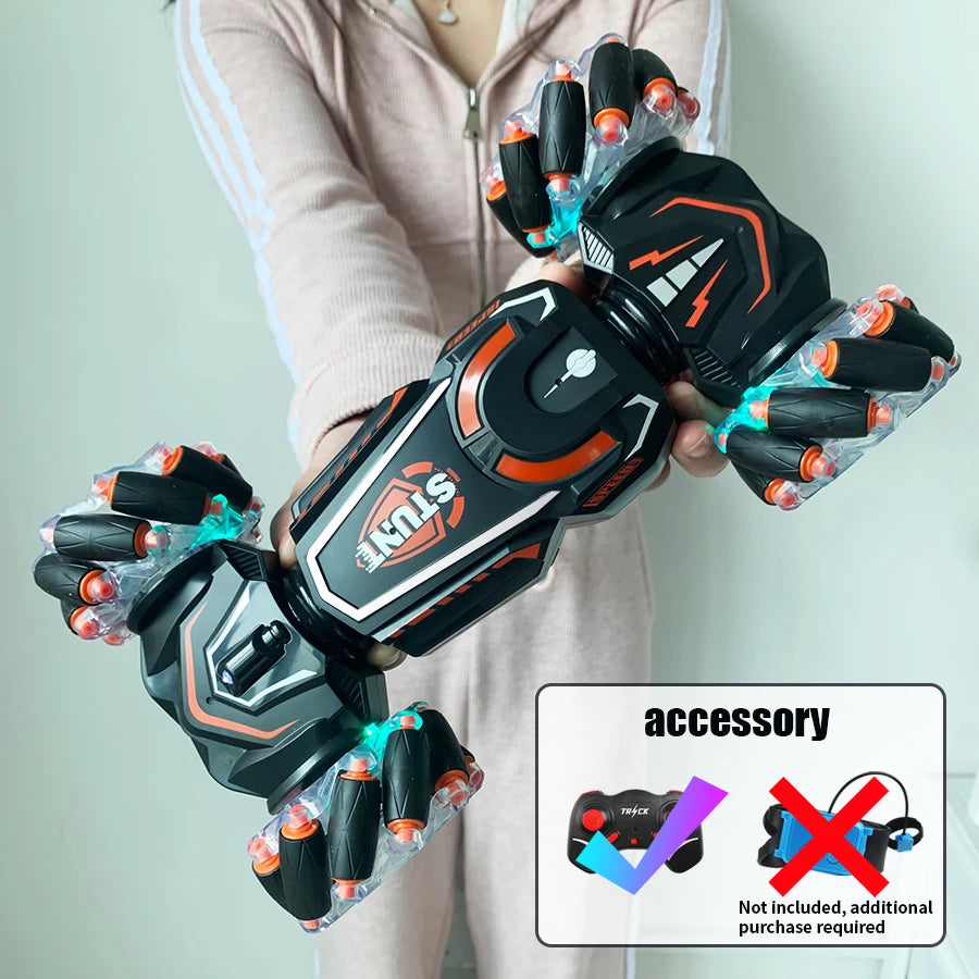 Person holding a futuristic glove with additional purchase required text