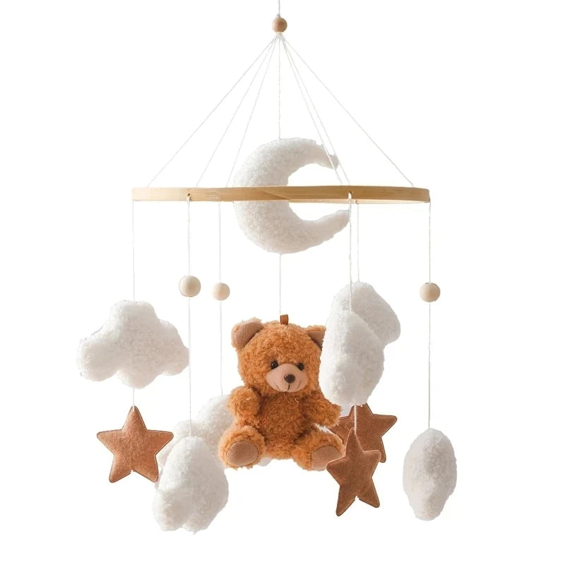wood and felt Baby mobile with teddy bear, stars, and clouds