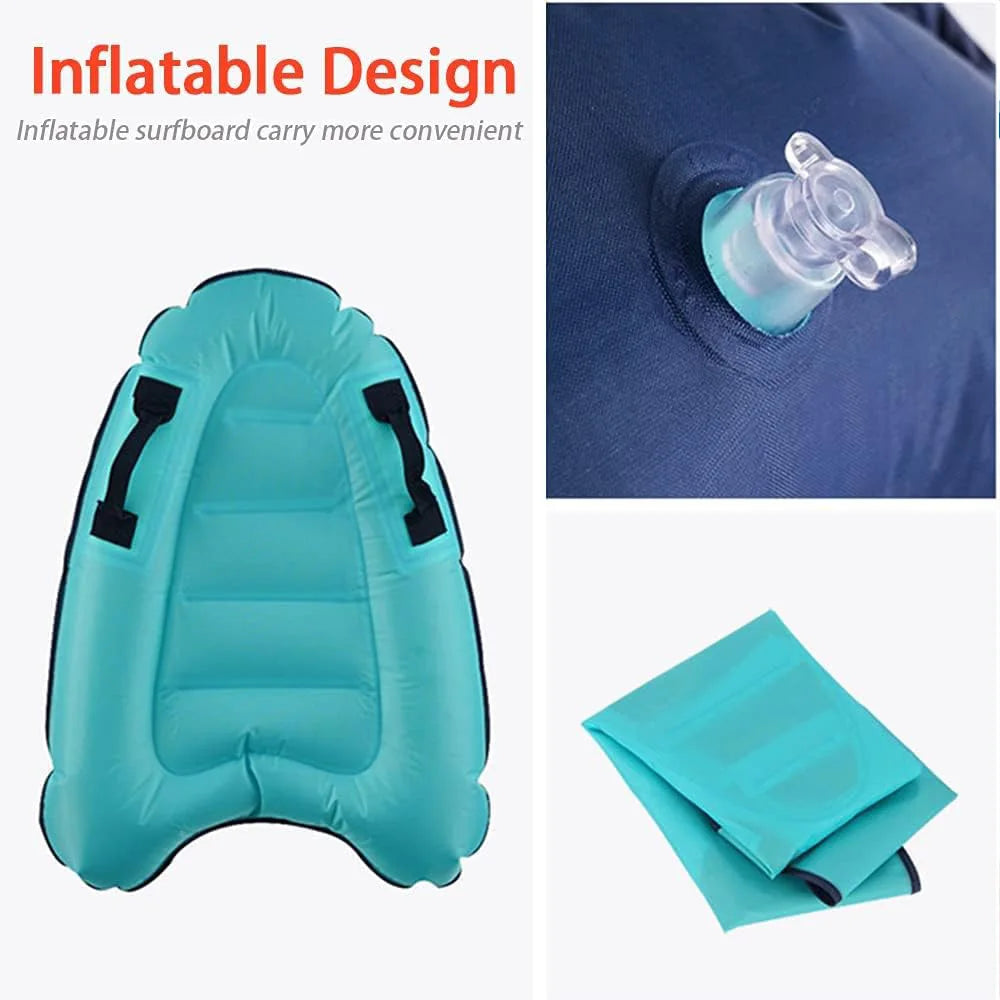 Inflatable surfboard with an inflatable design feature and close-up of inflation valve.