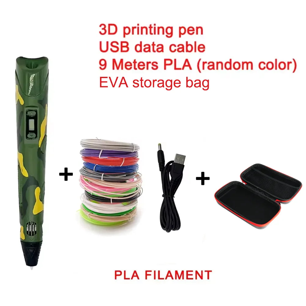 camouflage 3D printing pen set with USB cable, PLA filament, and storage bag