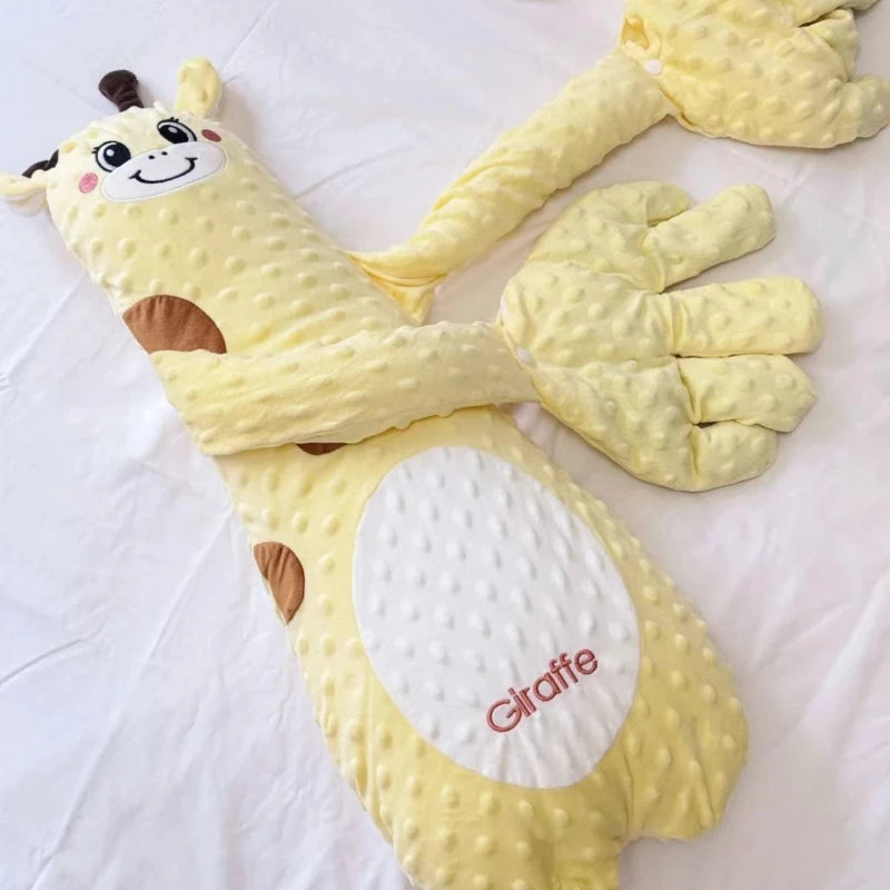 Yellow giraffe plush toy on the bed
