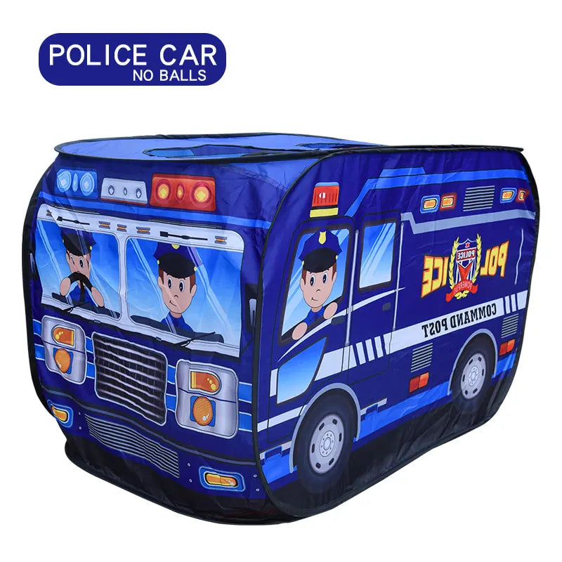 Toy police car playhouse with cartoon characters and police-themed design on a white background.