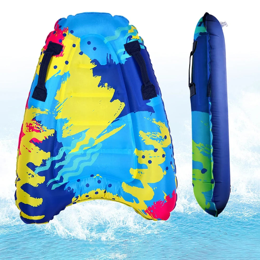 Colorful inflatable water ski with blue and yellow design on a water background