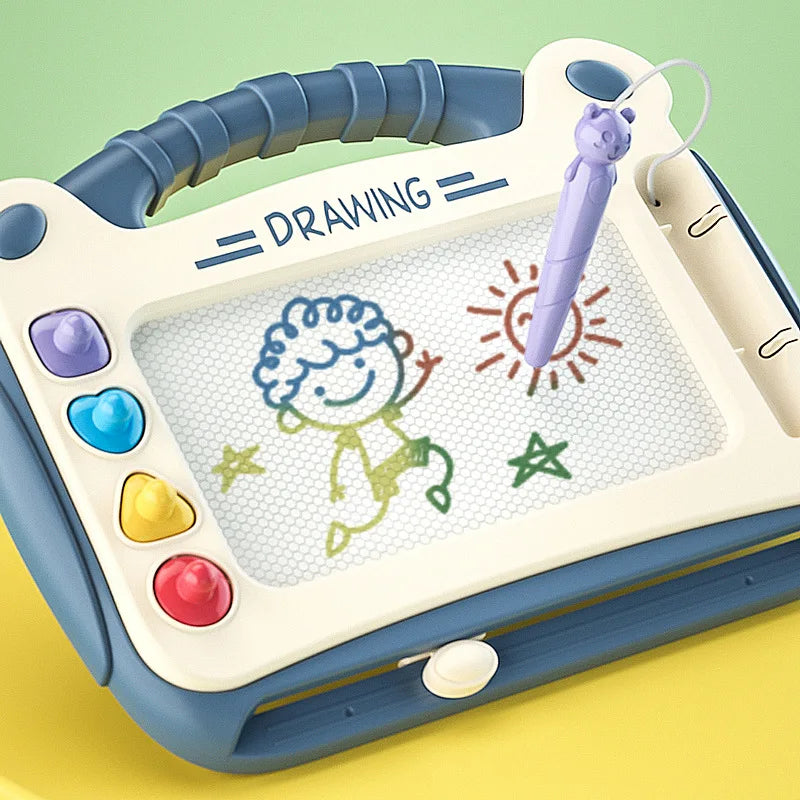 Children's drawing board with Blue frame and colorful drawings.