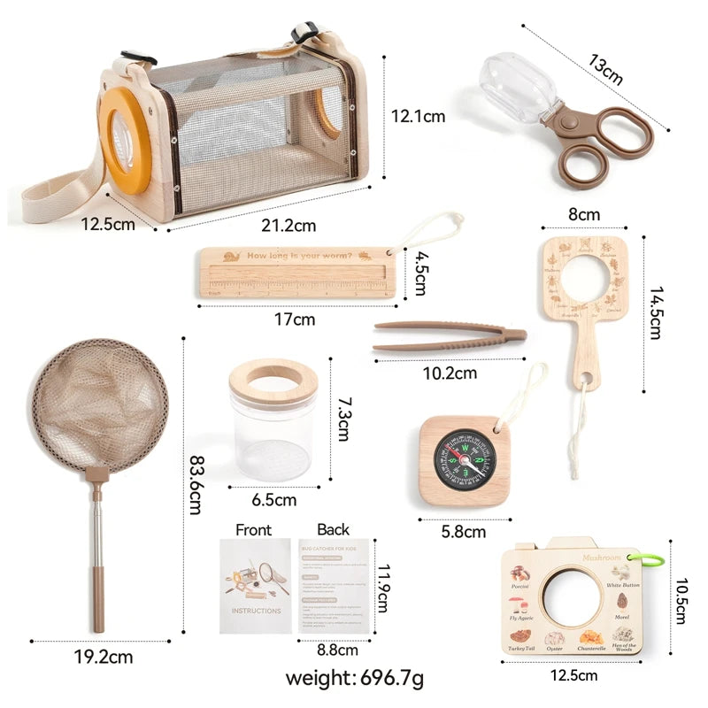 Outdoor Adventure Kit for Kids – 8PCS Nature Exploration Tools with Bug Net, Insect Cage, Wooden Leaf Frame, Magnifying Glass & Compass