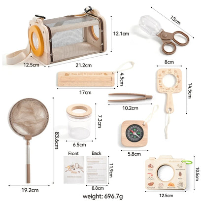 Outdoor Adventure Kit for Kids – 8PCS Nature Exploration Tools with Bug Net, Insect Cage, Wooden Leaf Frame, Magnifying Glass & Compass