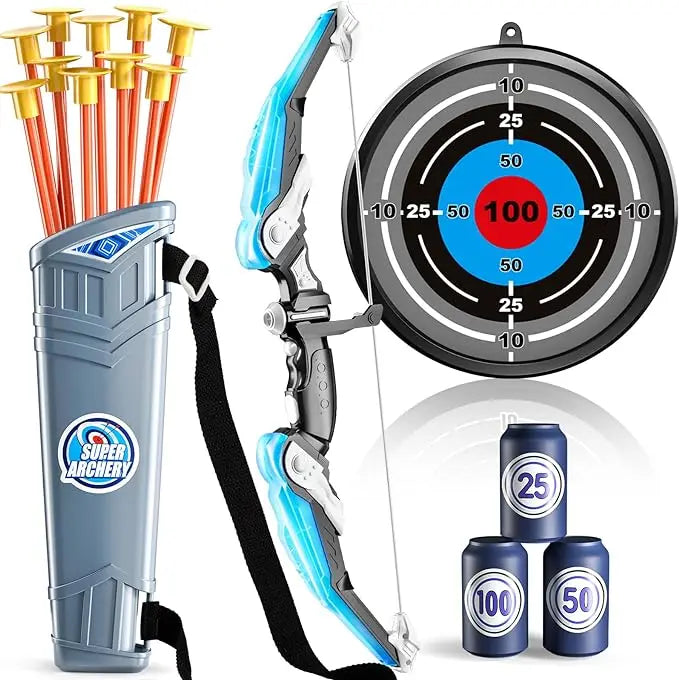 Archery set with bow, arrows, quiver, and target