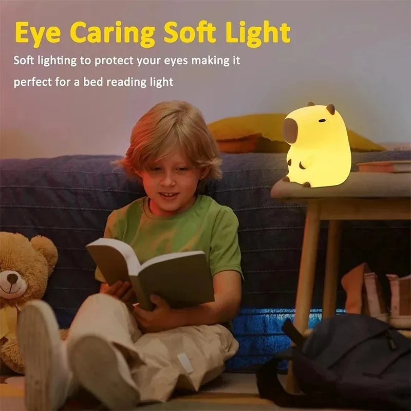 Child reading a book with a soft light on a table next to them, in a cozy room setting.