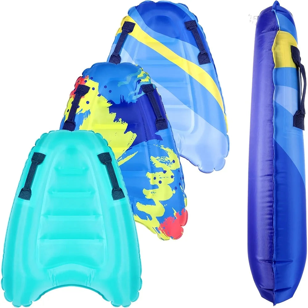 Colorful inflatable bodyboard with a carrying strap on a white background