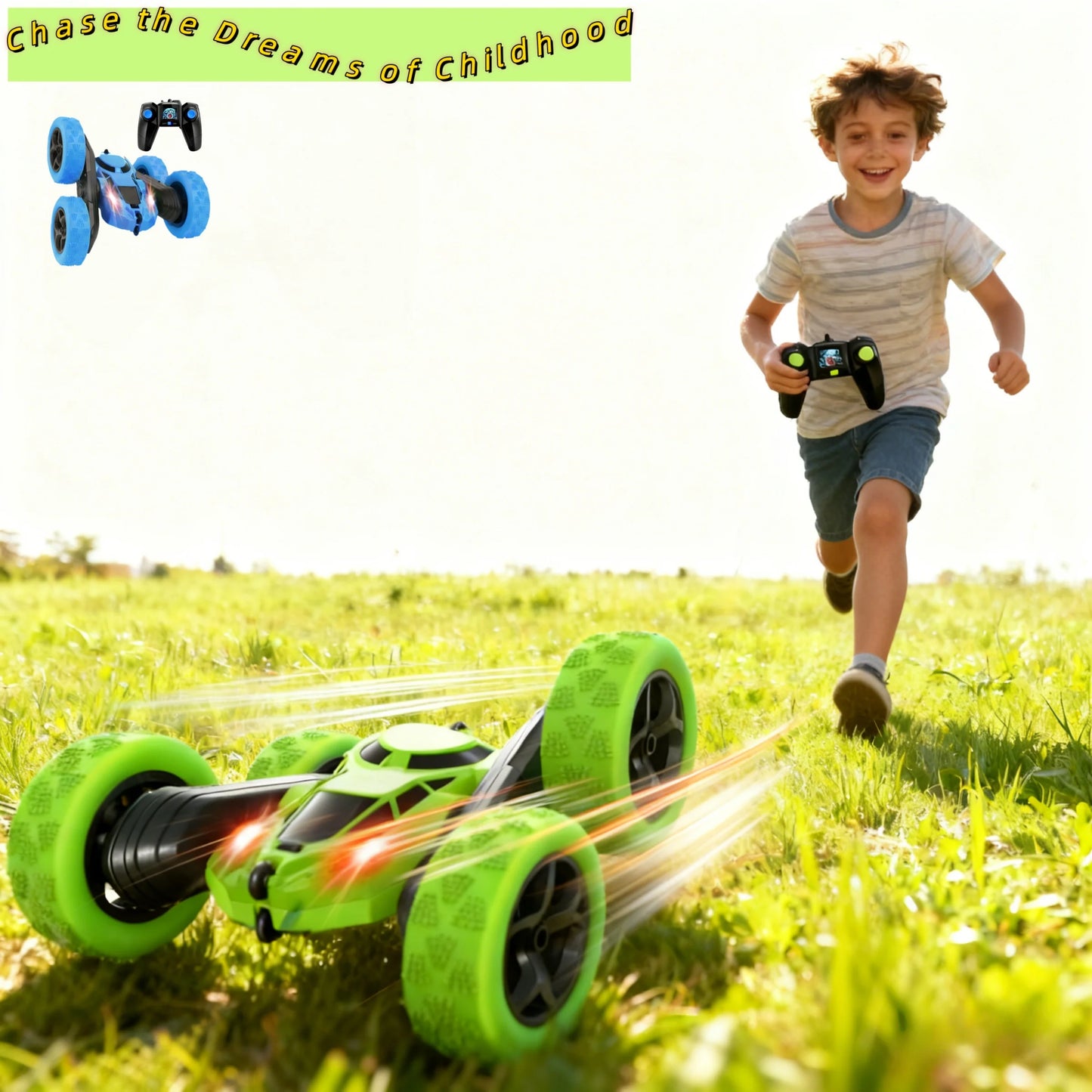 Child running with a toy car in a grassy field, with text 'Chase the Dreams of Childhood' at the top.
