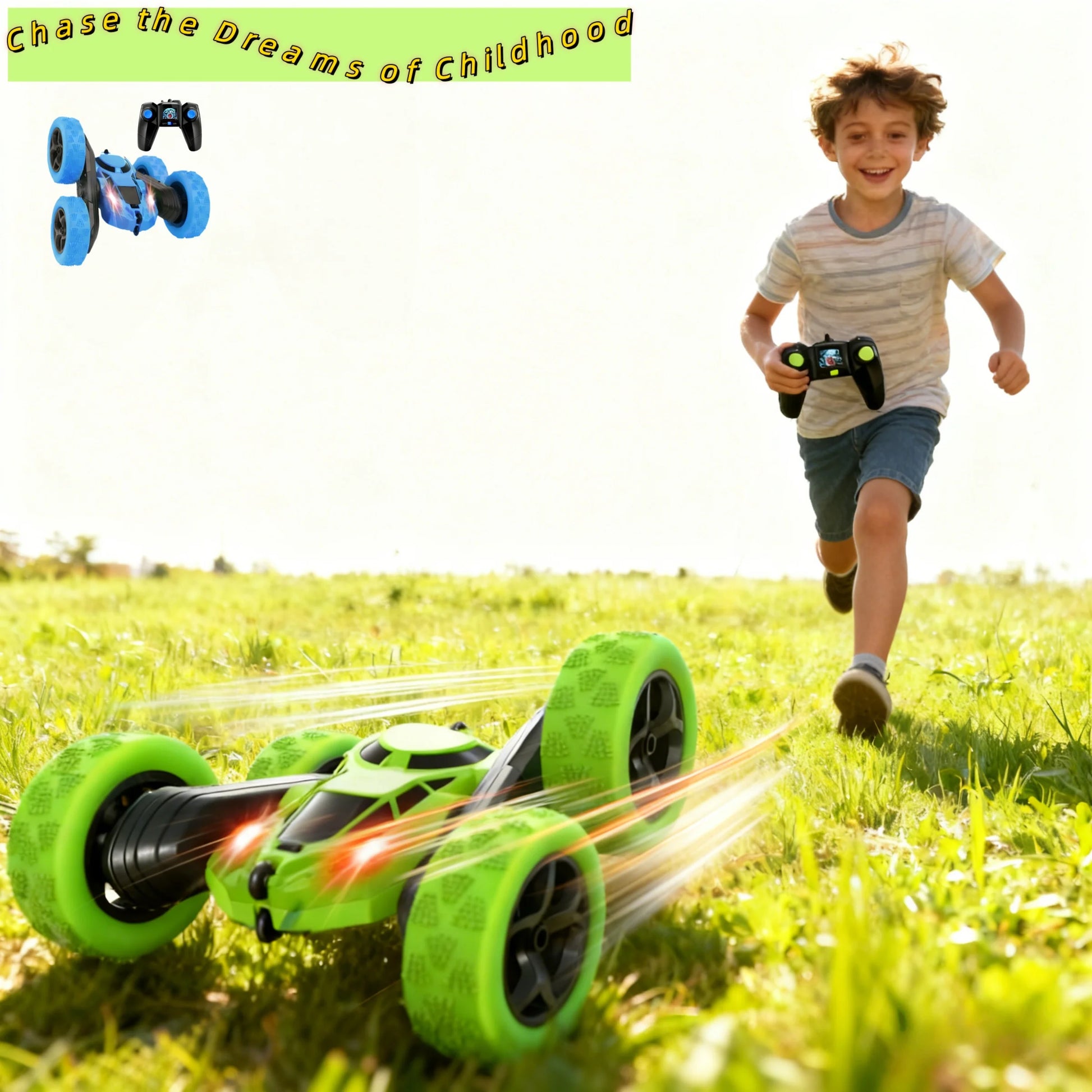 Child running with a toy car in a grassy field, with text 'Chase the Dreams of Childhood' at the top.