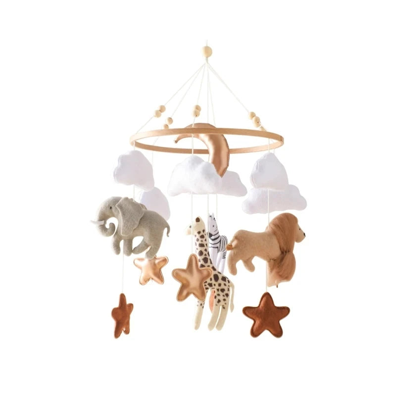 felt Children's crib mobile with animal figures and stars.