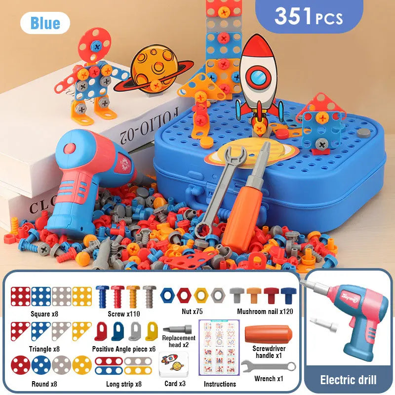 Children's toy diy construction set with tools and parts on a beige background