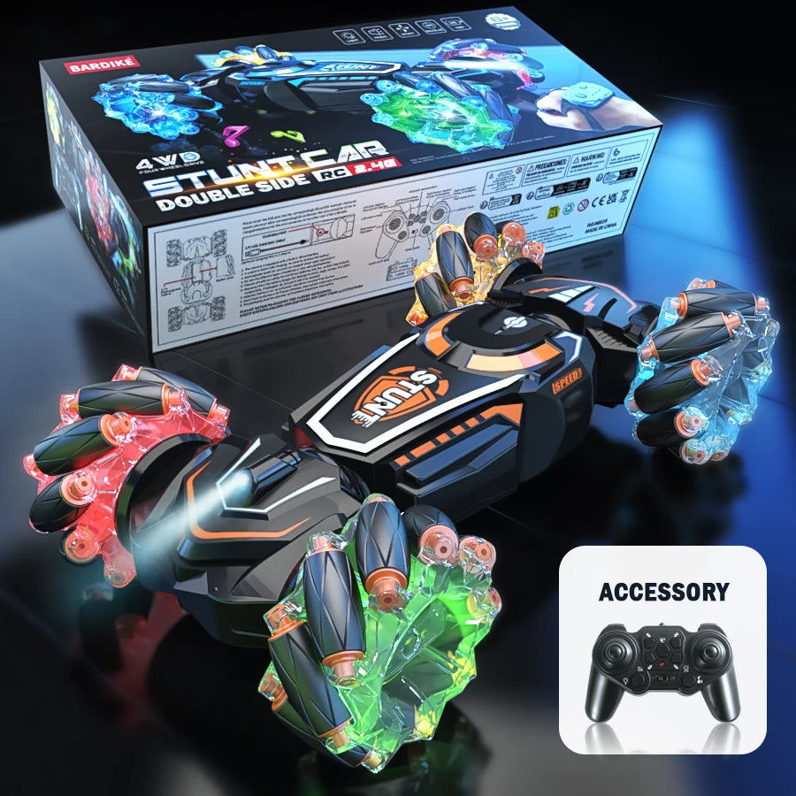 Toy stunt car with colorful lights and remote control, featuring a box in the background.
