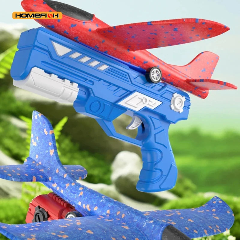 Toy gun launchers with red and blue foam airplane models.
