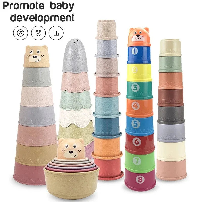 Stacking toys for baby development with colorful and numbered design.
