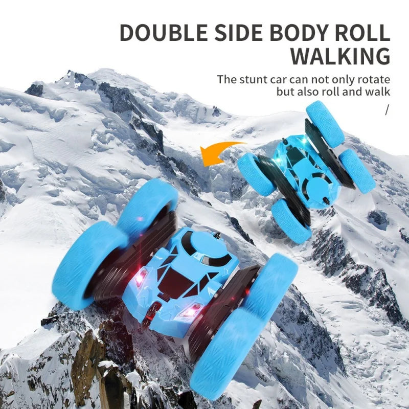 Stunt car on a snowy mountain with text about its features