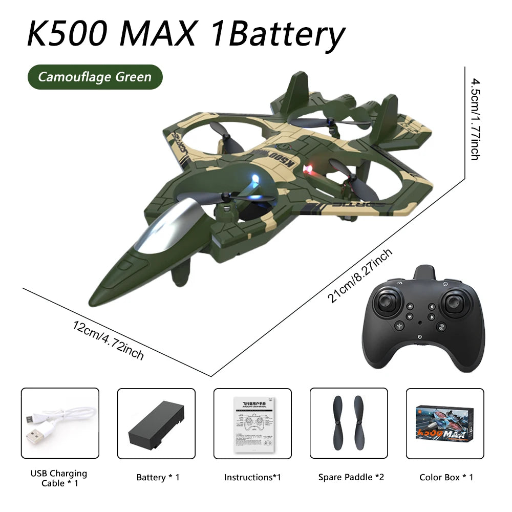Camouflage green drone with remote control and accessories.