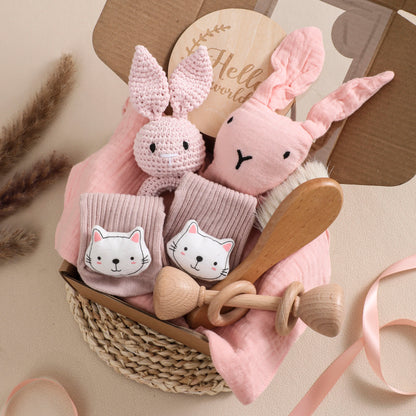 Premium Baby Gift Set – Newborn Bath Toy, Drool Towel, Wooden Rattle & More | Perfect for Baby Showers & New Parents