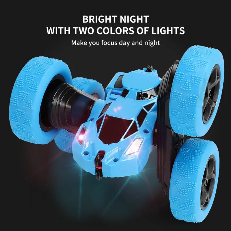 Toy car with blue wheels and lights on a black background