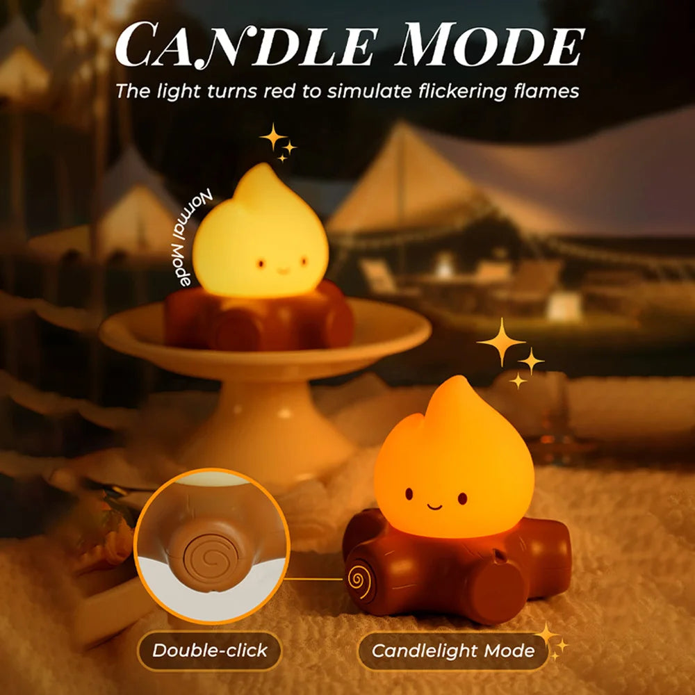 Candle-shaped night light with a warm glow on a blurred background