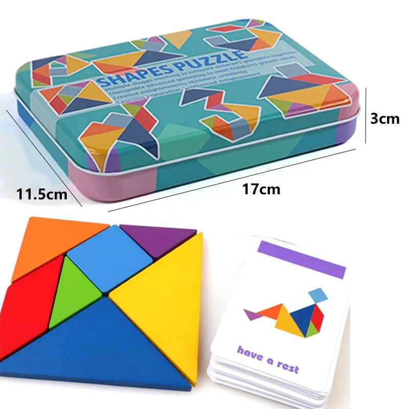 Colorful shapes puzzle set with packaging and measurement details.