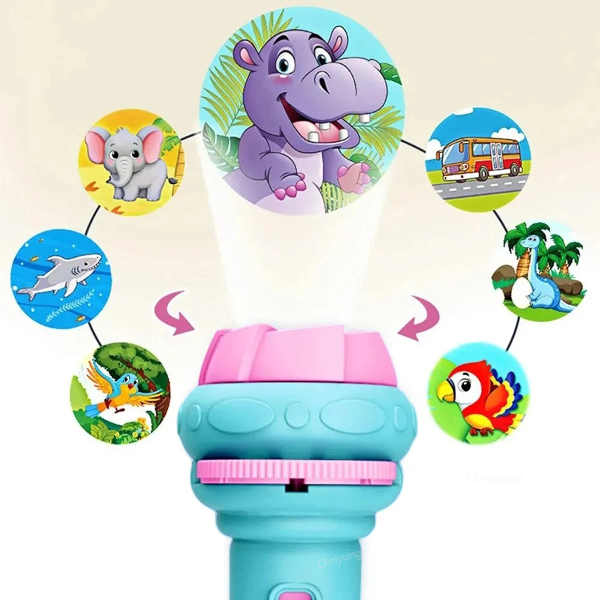 Child playing with a toy torch projector that has projection of animals, vehicles etc