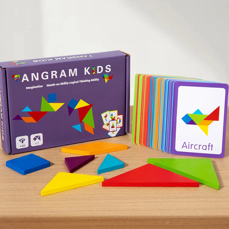 Colorful geometric shapes and card set with 'Angram Kids' packaging on a wooden surface.