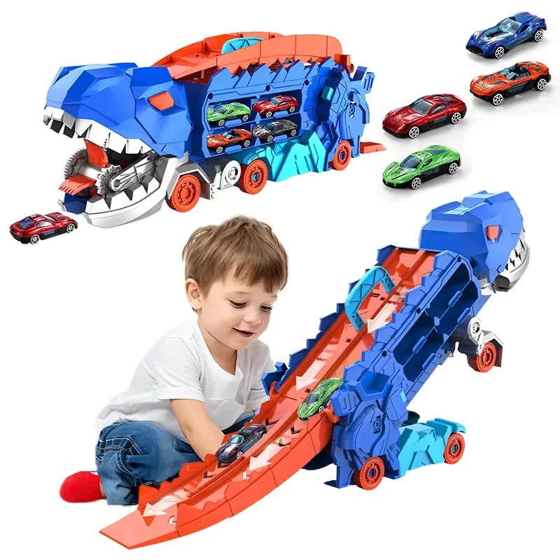 Toy dinosaur car carrier with detachable ramp and small cars on a white background