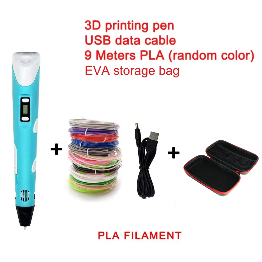 Blue 3D printing pen set with USB cable, PLA filament, and storage bag
