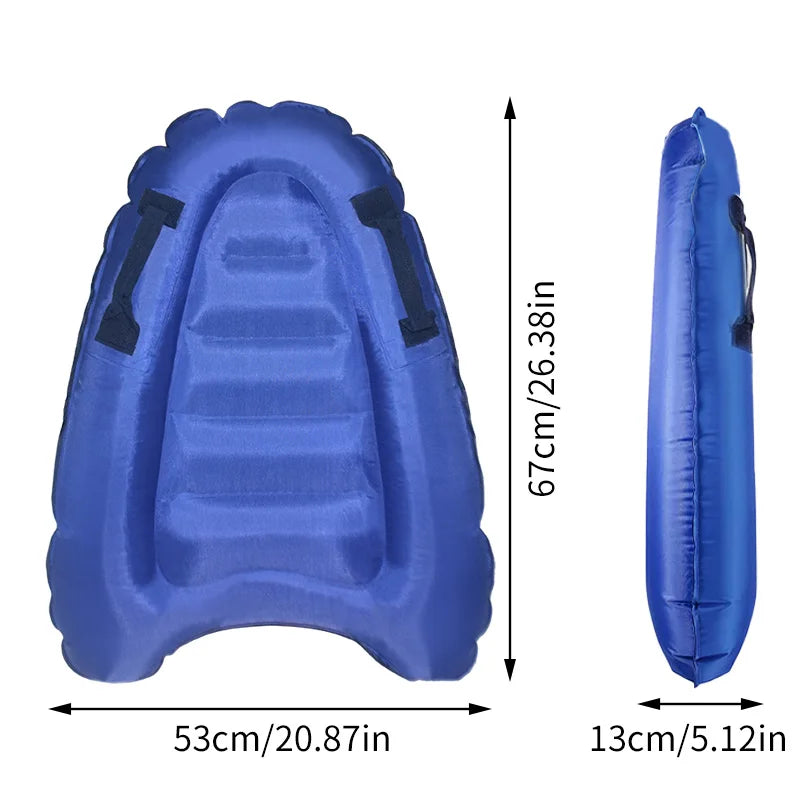 Blue inflatable bodyboard with measurements on a white background