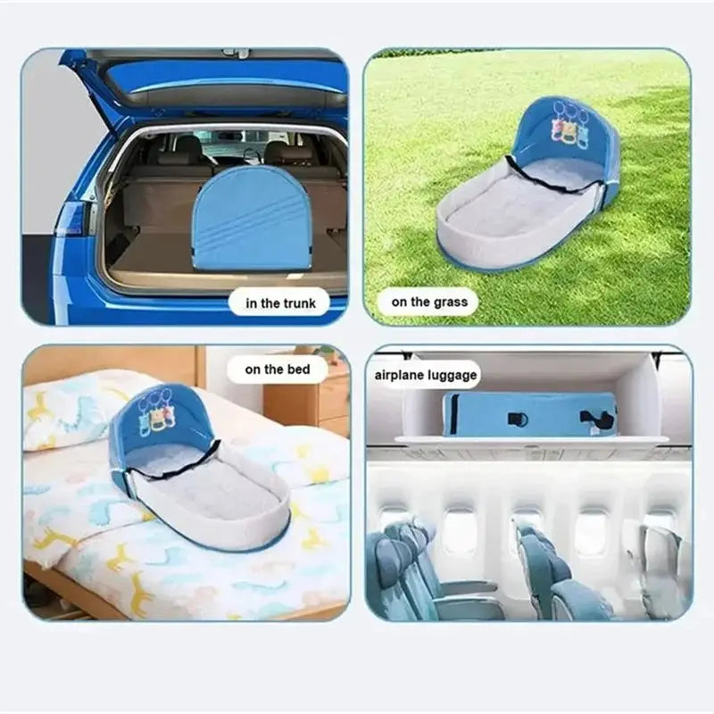 Collage of a blue inflatable baby seat in various settings including a car trunk, grass, bed, and airplane.