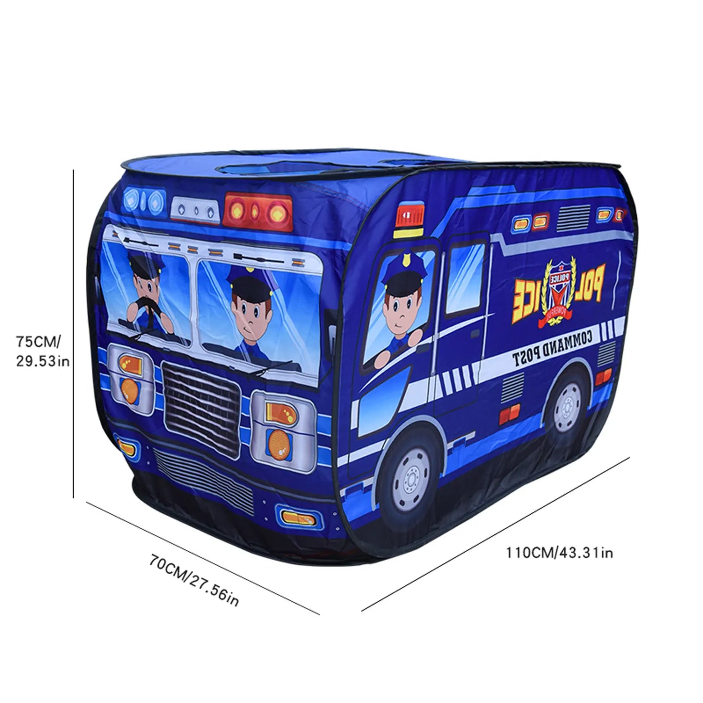 Blue toy police truck with dimensions on a white background