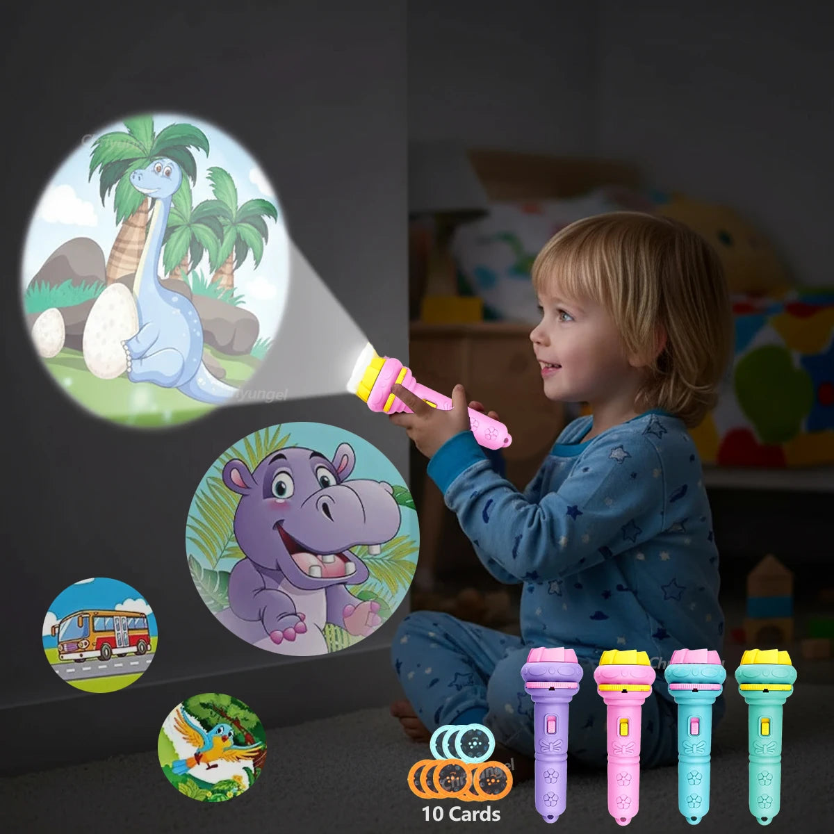 Child playing with a toy torch projector that has projection of animals, vehicles etc