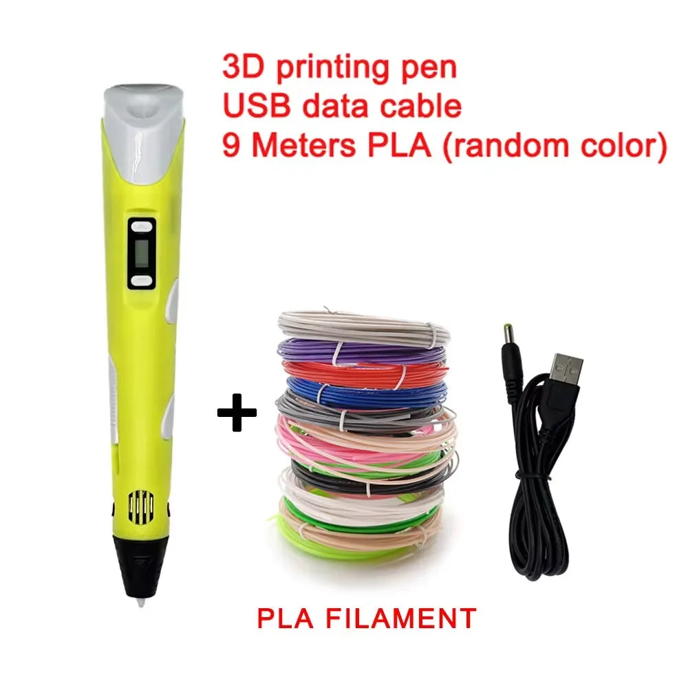 Yellow 3D printing pen set with USB cable, PLA filament