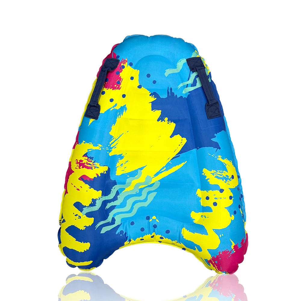 Colorful inflatable bodyboard raft with blue, yellow, and pink design on a white background