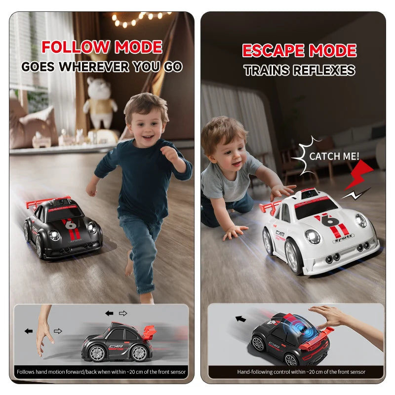 Two children playing with toy cars labeled 'Follow Mode' and 'Escape Mode' in a room setting.