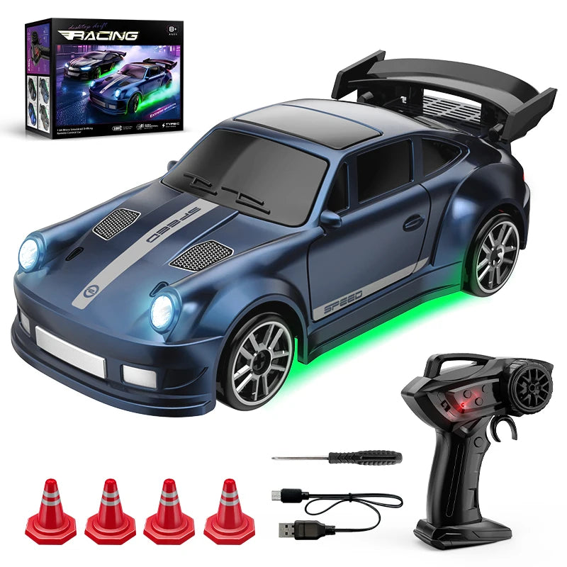 Metallic Blue toy racing Drift car with remote control, cones, and USB cable.