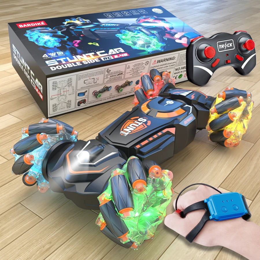 Toy car with remote control and packaging on a wooden floor